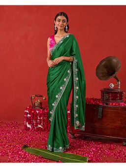 Taro India - Green Zariya Saree with Stitched Blouse