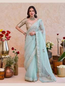 Taro India - Blue Nigar Saree with Stitched Blouse