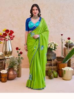 Taro India - Green Parijata Saree with Stitched Blouse
