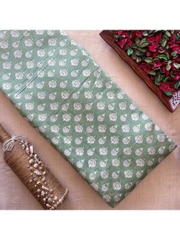 VASTRA RAAG - Pastel Green Floral Butti Printed Pure Muslin Fabric with Lurex Line
