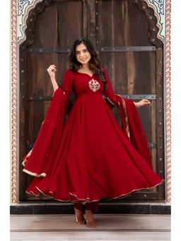 ETHNICSAA - Bharti Red Embroidered Anarkali Kurta with Pants and Dupatta