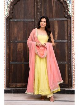 ETHNICSAA - Mani Yellow Anarkali Kurta with Pants and Dupatta