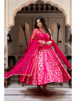 ETHNICSAA - Ruby Red Floral Print Anarkali Kurta with Pants and Dupatta