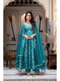 ETHNICSAA - Tashi Teal Floral Print Anarkali Kurta with Pants and Dupatta