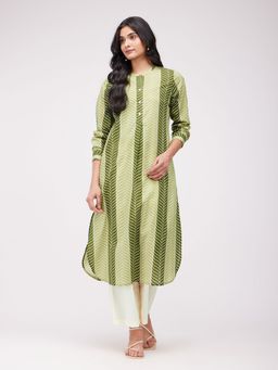 Pink Fort - Cotton Leaf Printed Kurta & Pant Olive (Set of 2)