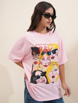 TOKYO TALKIES - Light Pink Drop Shoulder Graphic Oversized T-shirt