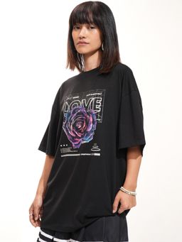 TOKYO TALKIES - Women Black Printed Half Sleeve Oversized T-shirt