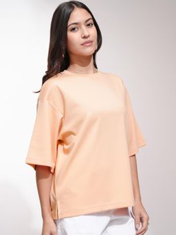 TOKYO TALKIES - Women Peach Solid Oversized Fit Drop Shoulder T-shirt