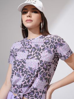 TOKYO TALKIES - Women Pink Printed Cropped Front Tie Up T-shirt