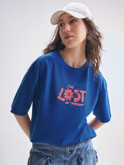 TOKYO TALKIES - Women Blue Chest Printed Oversized T-shirt