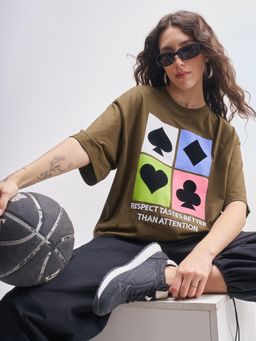 TOKYO TALKIES - Women Brown Oversized Chest Printed T-shirt
