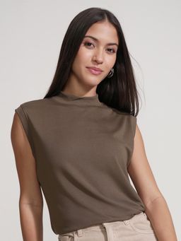 TOKYO TALKIES - Women Brown Solid High Neck Rib T-shirt