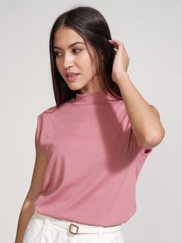 TOKYO TALKIES - Women Pink Solid High Neck Rib T-shirt