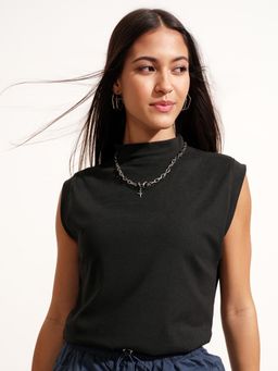 TOKYO TALKIES - Women Black Solid High Neck Rib T-shirt