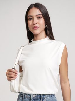 TOKYO TALKIES - Women White Solid High Neck Rib T-shirt