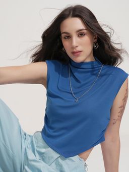 TOKYO TALKIES - Women Blue Solid High Neck Ruched Cropped Rib T-shirt