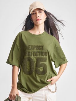 TOKYO TALKIES - Women Olive Casual Oversized Fit Chest Embroidery T-shirt