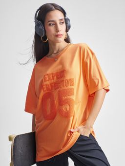 TOKYO TALKIES - Women Orange Casual Oversized Fit Chest Embroidery T-shirt
