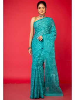 Unnati Silks - Turquoise Pure Block Printed Superfine Mulmul Cotton Saree with Unstitched Blouse