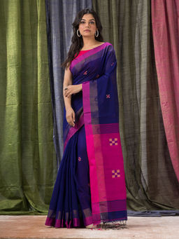 Angoshobha - Blue Cotton Blended Traditional Jamdani Saree with Unstitched Blouse