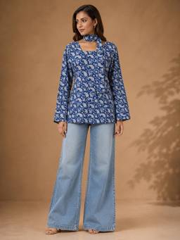 Stylum - Women's Blue Paisley Printed Cotton Straight Tunic