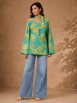 Stylum - Women's Green Floral Printed Cotton Straight Tunic