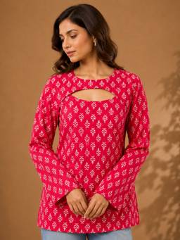 Stylum - Women's Pink Ethnic Motifs Printed Cotton Straight Tunic