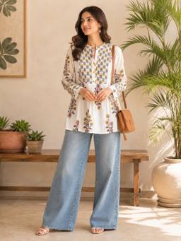 Stylum - Women's White Floral Printed Cotton A-Line Tunic