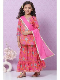 Biba - Orange & Pink Printed Sharara (set Of 3)