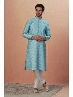 Manyavar - Art Silk Teal All Over Printed Mandarin Collar Kurta with Pencil Pajama (Set of 2)