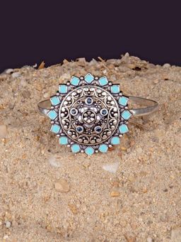 Voylla - Arabian Nights Antique Oxidised Silver Brass Cuff Bracelets with Blue Stone