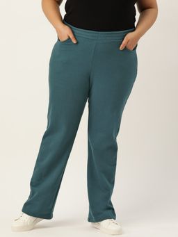 theRebelinme - Plus Size Women Teal Solid Color Elastic Waist Winter Trousers