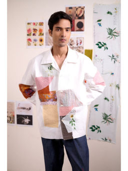 Doodlage - Men White Novelle Patchwork Shirt