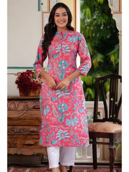 Kohsh - Pink Mandarin Collar Floral Printed Cotton Kurta