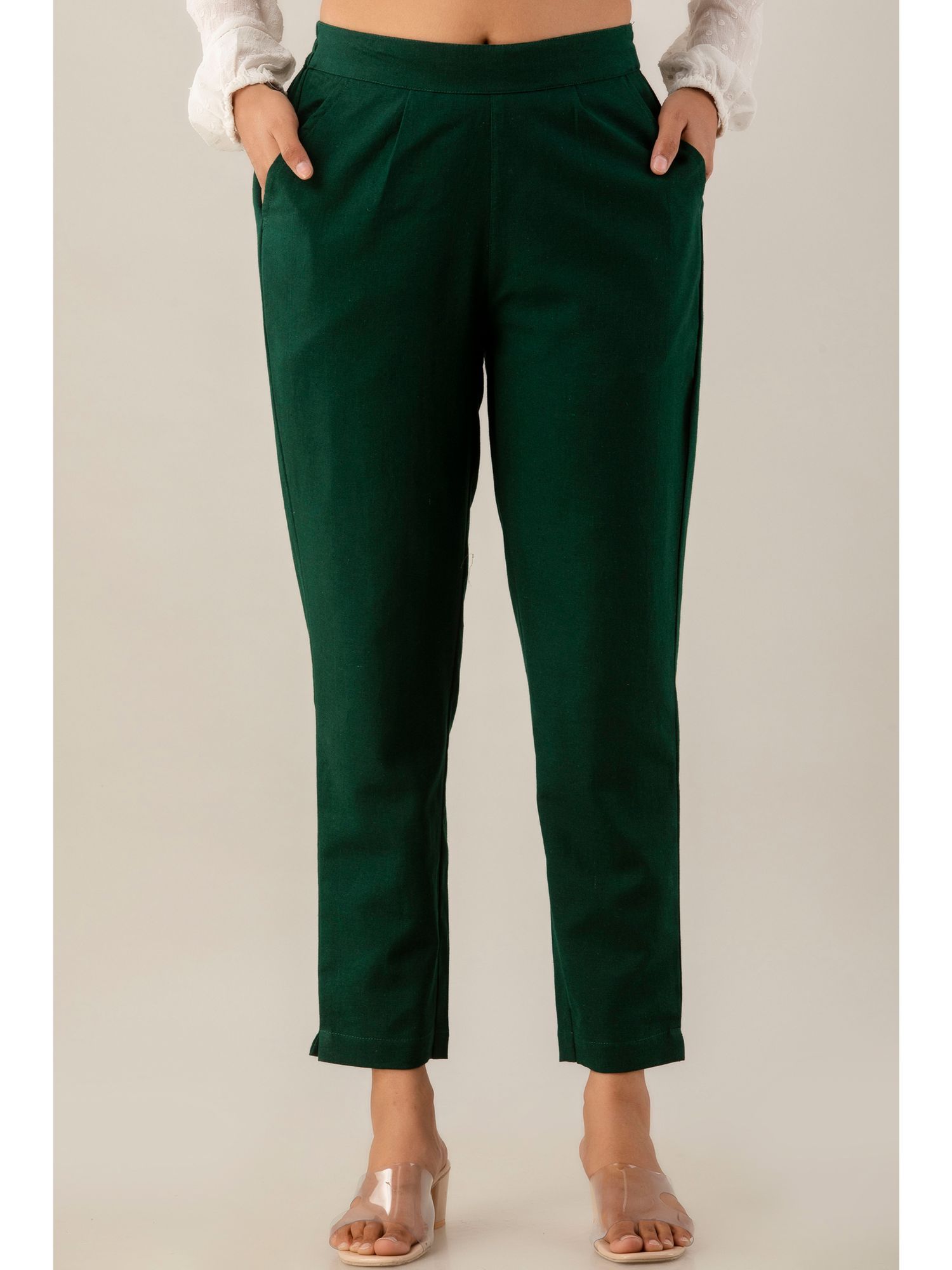kohsh Bottle Green Cotton Flex Cigarette Pant-picture-30