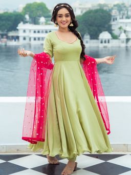 Lavanya The Label - Green Silk Anarkali (Set of 3)