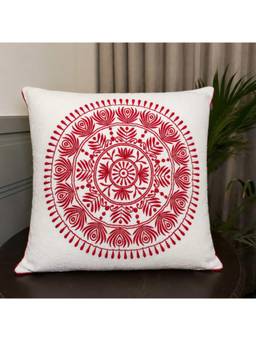 Crown of Poppies - Floral Embroidered White Cushion Cover (16x16)