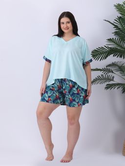 Qurvii - Turquoise V-Neck Printed Top with Shorts