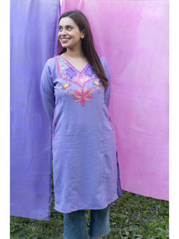 URZUV - Hand Embroidered Lilac Cotton Kurta