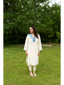 URZUV - Hand Embroidered Cream Cotton Kurta