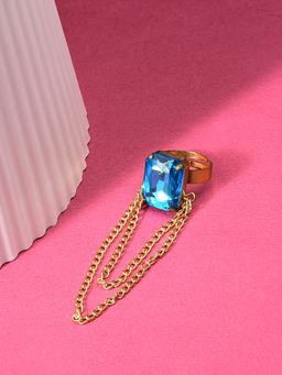 Zaveri Pearls - Turquoise Crystal Shine Stone Contemporary Chain Tassel Finger Ring-ZPFK10464