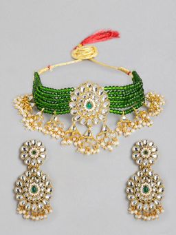 Zaveri Pearls - Green Beads Ethnic Kundan Choker Necklace & Earring Set-ZPFK10476