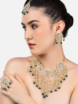 Zaveri Pearls - Green Traditional Kundan Choker Necklace Earring Maangtikka & Ring Set-ZPFK10805