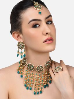 Zaveri Pearls - Green Stones & Beads Traditional Necklace Earring Maangtikka & Ring Set-ZPFK10811