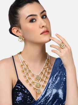 Zaveri Pearls - Gold Tone Layered Kundan & Pearls Necklace Earring & Ring Set-ZPFK10816