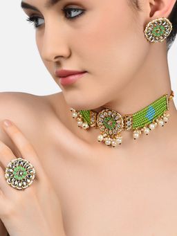 Zaveri Pearls - Pastel Green & Blue Meenakari Choker Necklace Earring & Ring Set-ZPFK10475