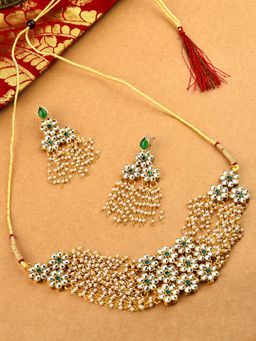 Zaveri Pearls - Green Kundan Flowers Multistrand Choker Necklace & Earring Set-ZPFK10477