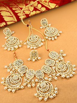 Zaveri Pearls - Gold Tone Kundan Choker Necklace Earring Maangtikka & Ring Set-ZPFK10486