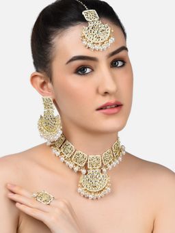 Zaveri Pearls - Gold Tone Kundan Ethnic Necklace Earring Maangtikka & Ring Set-ZPFK10487