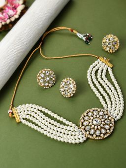 Zaveri Pearls - Gold Tone Multistrand Choker Necklace Stud Earring & Ring Set-ZPFK10722